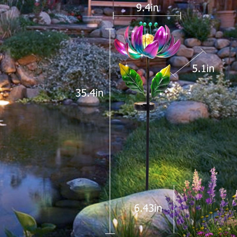 AIINY Store دوارات الرياح المعدنية الأرجوانية الشمسية، فن حديقة لوتس دوار ملون مع أضواء LED كريستالية، دعامات زخرفية لتمثال الزهور - Image 4